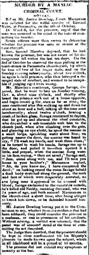 James McManus, Wrath of a Madman, St. John's Cemetery Project, Old Parramattans, St. John's Church, Parramatta, St. John's Cemetery