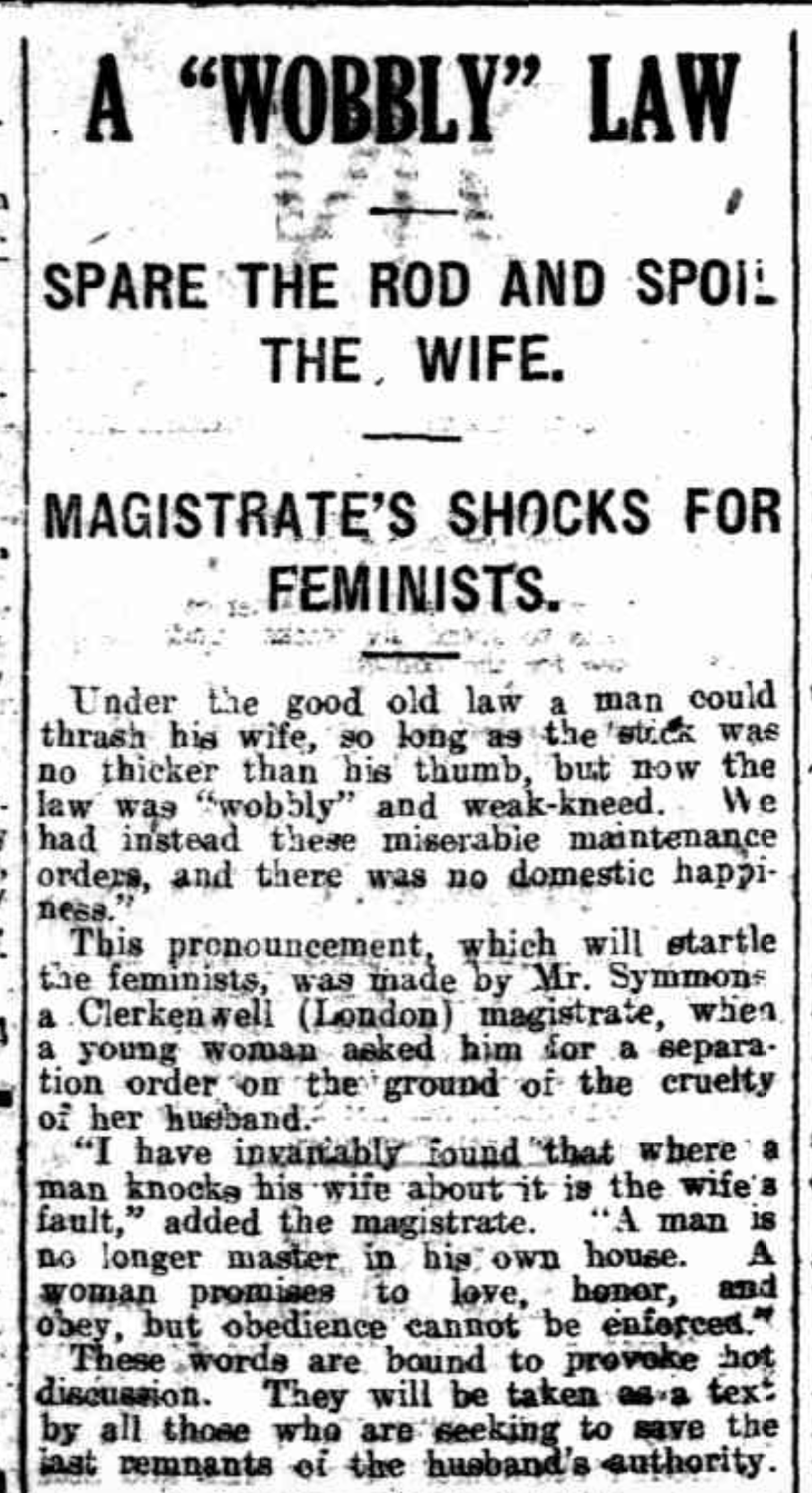 Wobby Law, Magistrate's Shocks for Feminists, Rule of Thumb, Twentieth Century