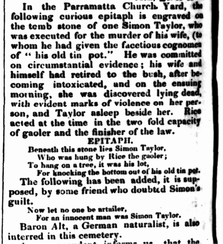 Curious Epitaph, Simon Taylor, Ann Taylor, Murder, Parramatta, 1799, 1790s, Old Parramatta, Old Parramattans, St. John's Cemetery Project, St. John's Cemetery, Parramatta Burial Ground