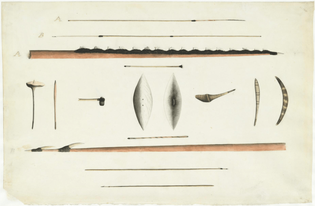 Port Jackson Painter, Aboriginal Hunting Implements and Weapons, First Fleet, Sydney, Port Jackson, New South Wales, Spears, First Peoples, St. John's Cemetery Project, Old Parramattans, Sydney First Hospital, John Irving