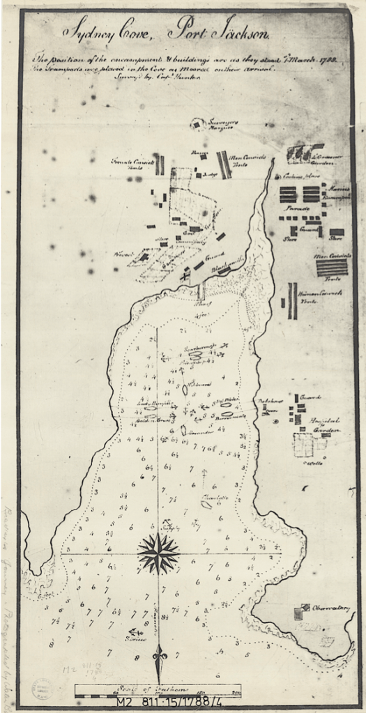 William Bradley, map, Sydney First General Hospital, First Fleet, Eighteenth-Century Sydney, Sydney Cove, Port Jackson, New South Wales, Medical History, Eighteenth-Century Medicine, St. John's Cemetery Project, Old Parramattans, John Irving