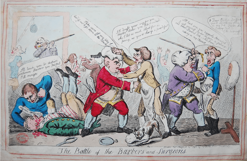 Isaac Cruikshank, Battle of the Barbers and Surgeons, S. W. Fore, London, 1797, Medicine, Medical History, Eighteenth-Century Medicine, St. John's Cemetery Project, Old Parramattans, John Irving