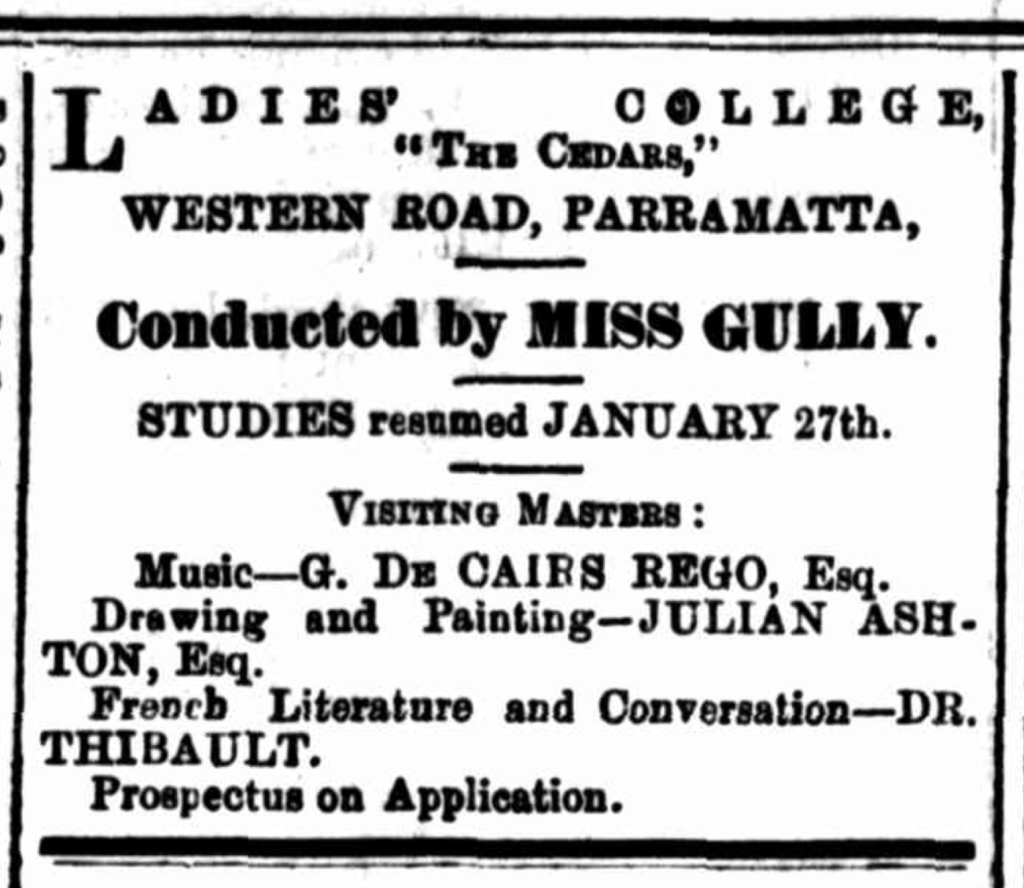 Ladies' College, The Cedars, Parramatta, Miss Gully & Visiting Masters Julian Ashton, De Cairos Rego, Thibault