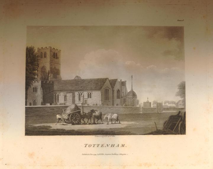 View of Tottenham Church, in north London, seen from the passing road; a man unloads a horse-drawn wagon laden with hay on road. 1793 Etching and aquatint